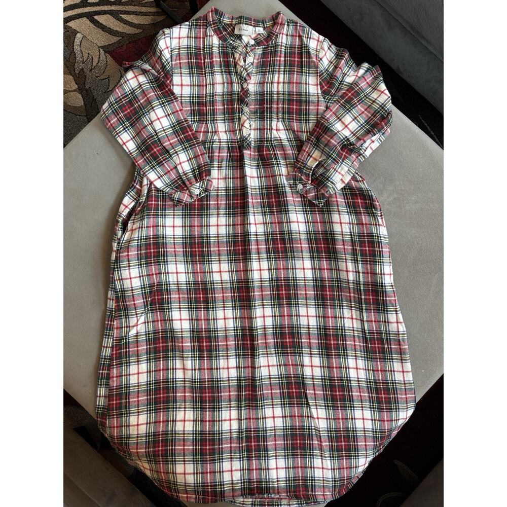 LL Bean Tartan Plaid Flannel Nightgown Plus Size XS White Red Green 100% Cotton